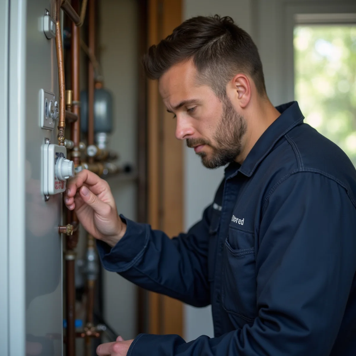 Homeowner checking a residential boiler control during a no-heat call