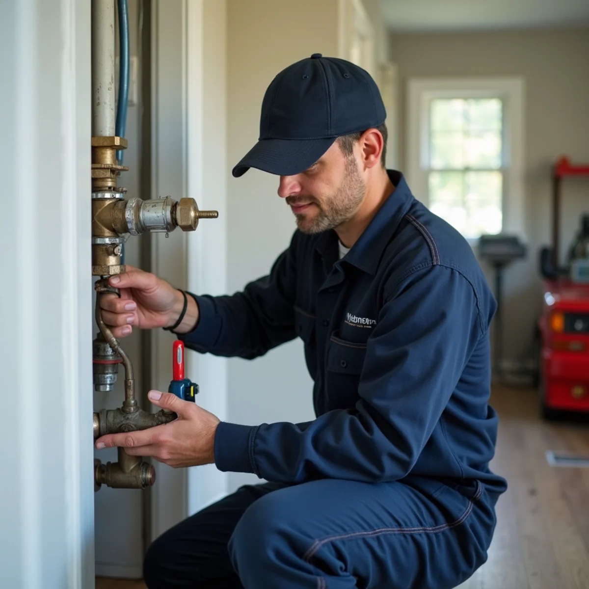 Licensed plumber installing and testing a gas line in a Huntington, NY home