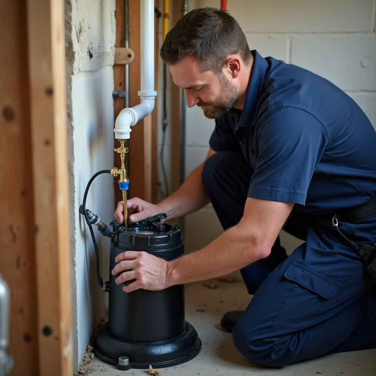 New battery backup sump pump installed in a Long Island basement